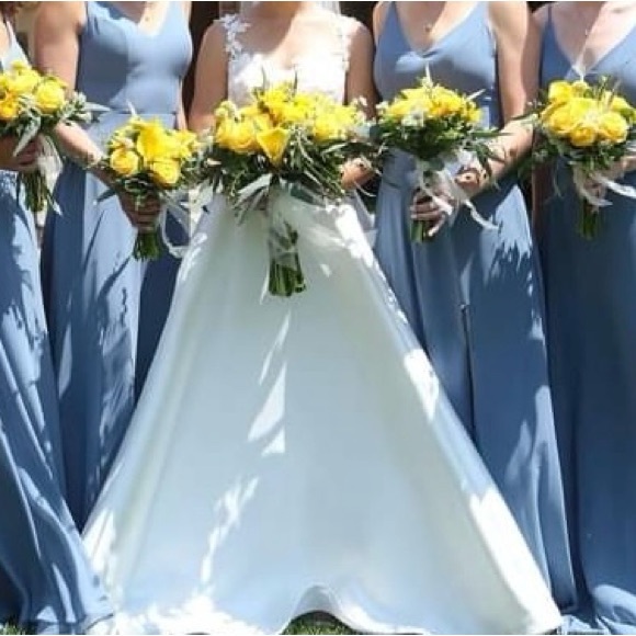 Spaghetti Strap Slate Blue V-Neck Wedding Dress with High Slit - Picture 4 of 4